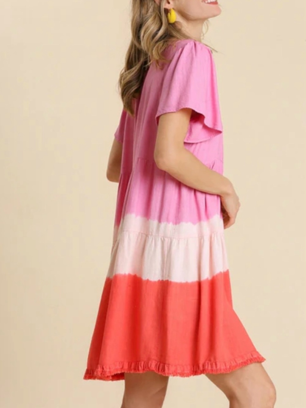 Umgee Bubble Pink and Coral Tiered Mini Dress Linen Blend Sz M Frayed Hem